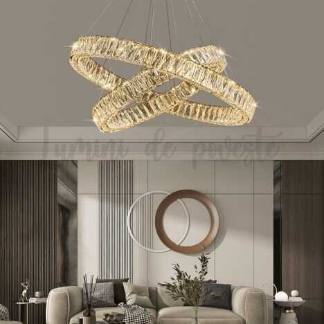 Candelabru LED 128W Creative Crystals Gold, LED inclus, 2 surse de iluminare, Telecomanda, Dimabil,